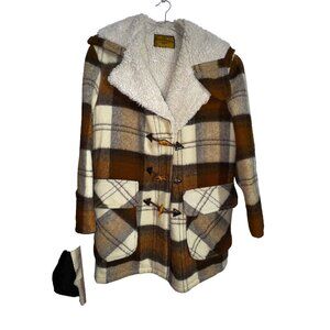 Vintage Robert Lewis Plaid Wool Coat Sherpa Lining & Toggle Closures - Size42